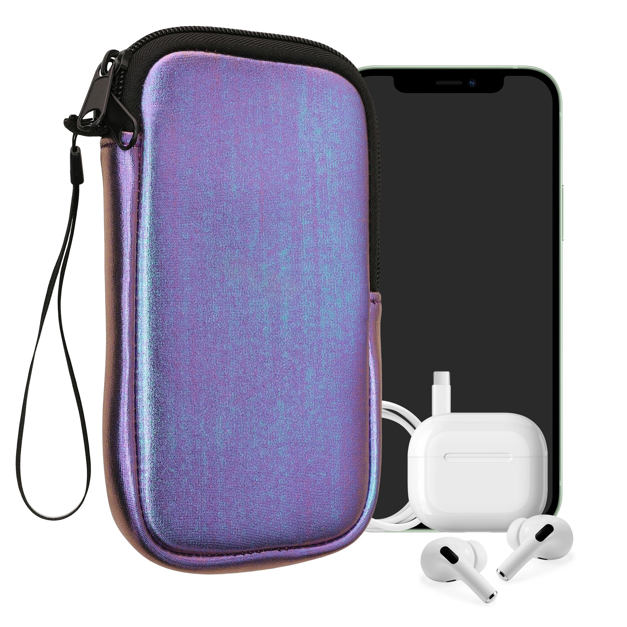 kwmobile Neoprene Phone Pouch Size L - 6.5" - Universal Cell Sleeve Mobile Bag with Zipper, Wrist Strap - Metallic Lavender