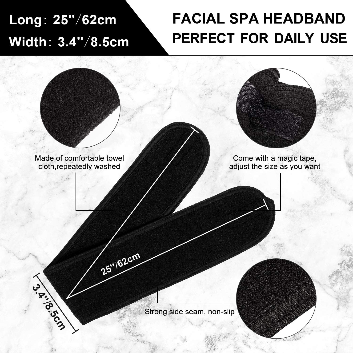 Whaline Spa Facial Headband Make Up Wrap Head Terry Cloth Headband Adjustable Towel for Face Washing, Shower, 3 Pieces (White, Black, Pink) : Beauty