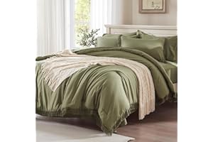 Anluoer Queen Comforter Set -Olive Green Tassel Boho Bed in a Bag 7 Piece with Sheets Lightweight Soft Fringe Bedding Sets with 1 Comforter, 2 PillowShams, 2 Pillowcases, 1 Flat Sheet, 1 Fitted Sheet