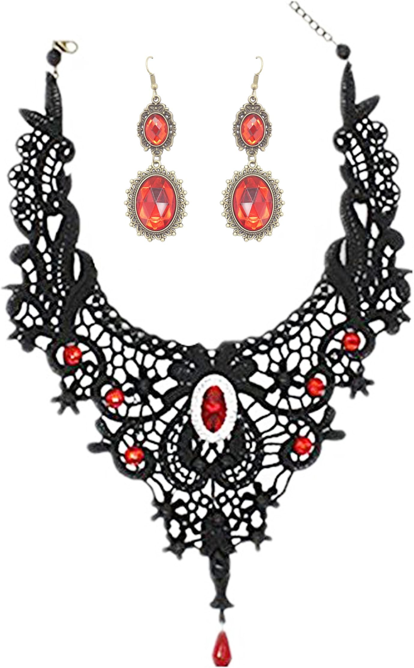 MEiySH Elegant Black Lace Gothic Lolita Red Pendant Choker Necklace Earrings Set