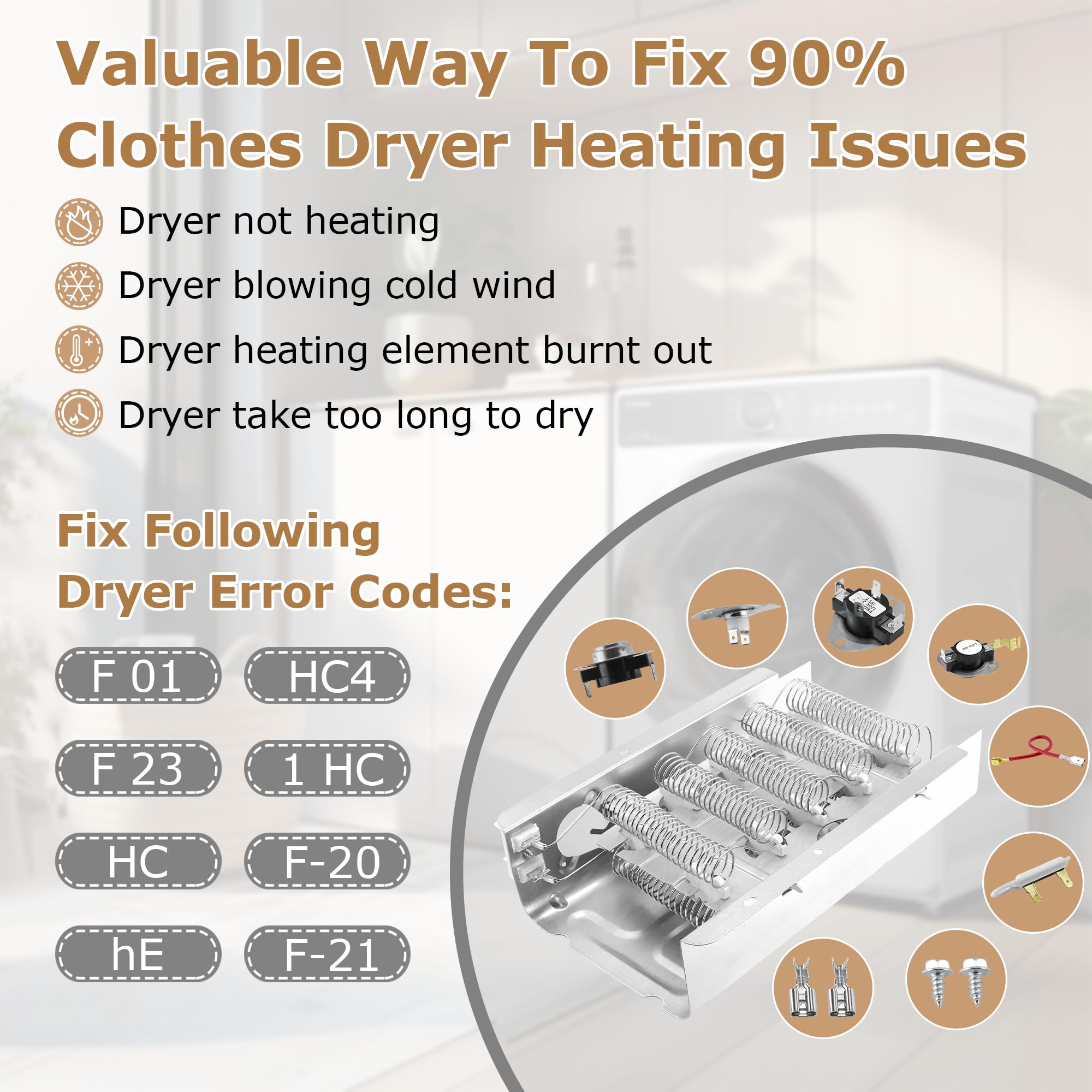 NED4655EW1 Heating Element fit for Amana 279838 W10724237 NED4600YQ1 NED4600YQ0 fit for Whirlpool WED4815EW1 WED4850HW0 WED5300VW0 fit for Kenmore 70 80 110 fit for Maytag 3398064 3403585 prime&swift