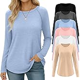 Oakgarden 6 Pack Womens Long Sleeve T Shirts Crew Neck Raglan Sleeve Basic Tops Curved Hem Loose Fit Casual Tunic
