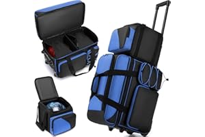 ALEEMIN 3 Ball Bowling Bag with Wheels, Bowling Bag 3 Ball Roller with Separate Shoe Compartment and Accessory Pocket, 2 Ball Roller Bag Plus Single Ball Tote