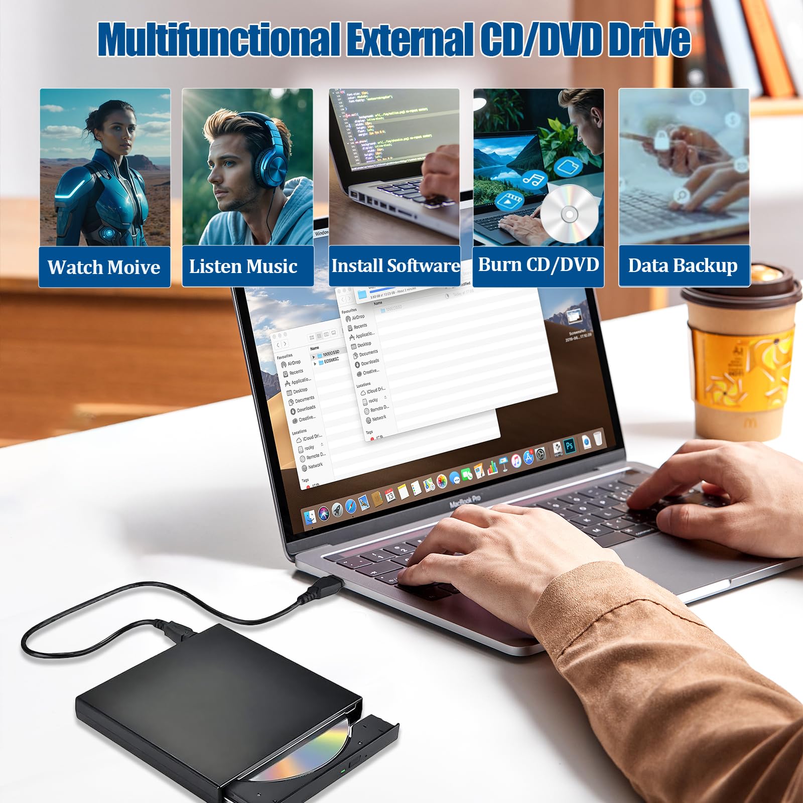 External CD/DVD Drive for Laptop PC,USB Silm Portable CD Burner +/-RW DVD ROM Player Reader Writer Optical Disc Drive for Laptop Desktop PC Windows 11/10/8/7 Linux OS Mac Macbook（with Type-C adapter）