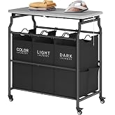 Hoctieon 3 Section Laundry Sorter with Ironing Board, Laundry Hamper, Black | Lockable Wheels, Laundry Basket Organizer with Wheels, Heavy Duty Clothes Organizer, Large Clothes Separator, Removable Bags