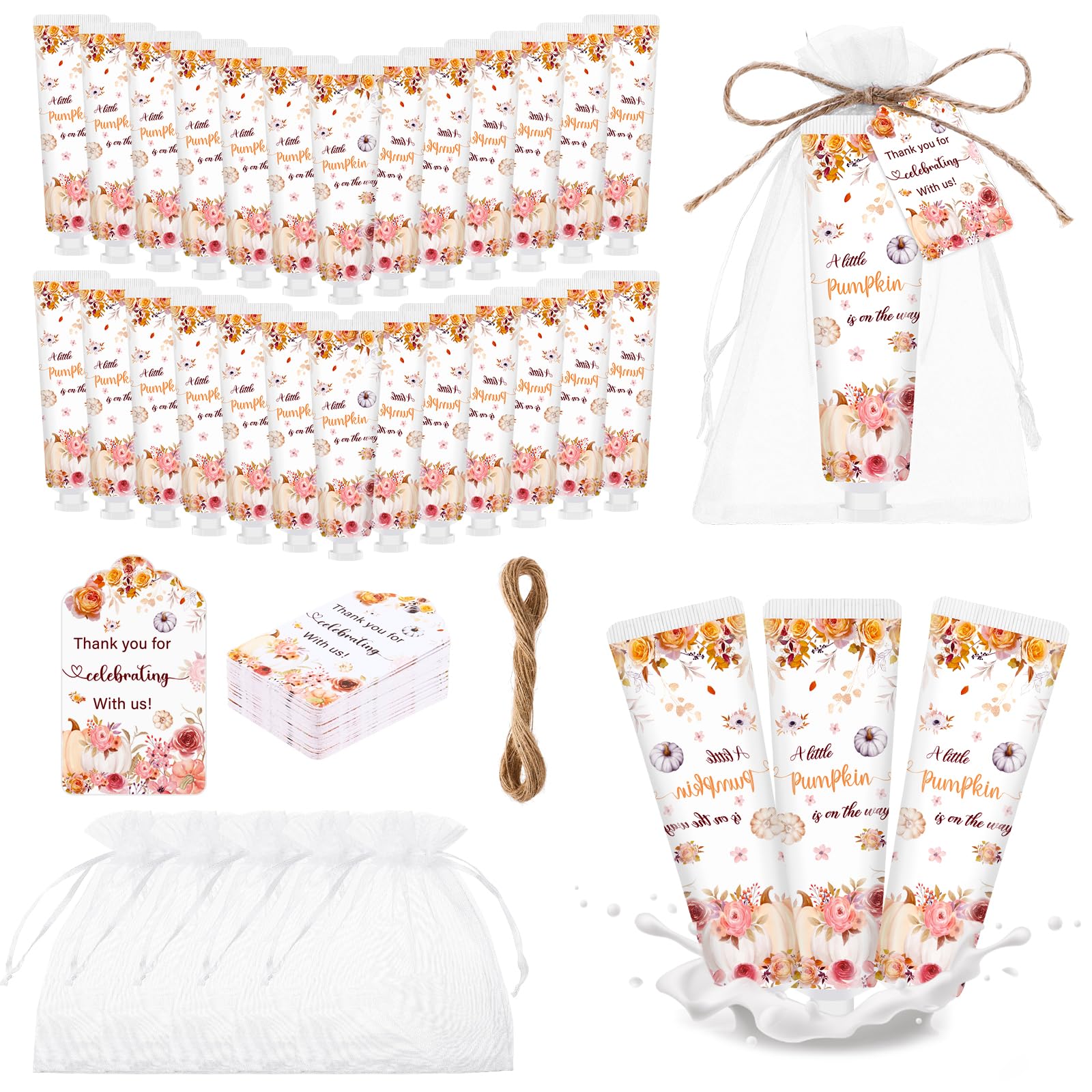 Photo 1 of 50 Sets Baby Shower Hand Lotion Gifts Travel Size Hand Lotion Bulk with Organza Bags Thank You Cards Wooden Sign Appreciation Gifts For Wedding Baby Shower Party Favors For Guests(Little Pumpkin 30ml)