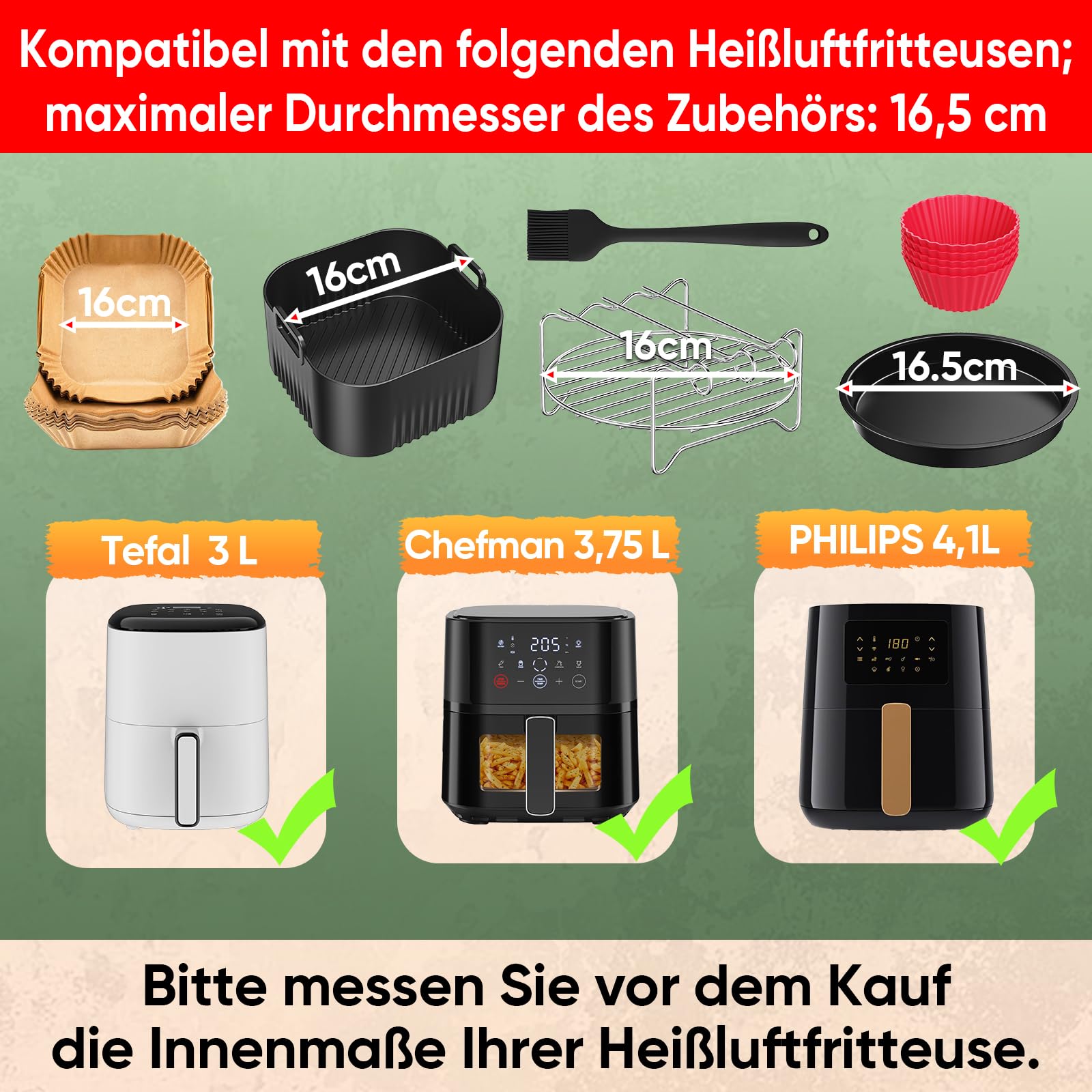 Airfryer Zubehör für Chefman 3,75 l, Tefal Easy Fry Compact 3 L, Philips Essential 4,1L, 11 Stück Heißluftfritteuse Zubehör für Tefal 3 L, Chefman 3,75 l, Wiederverwendbar Airfryer Accessories 2