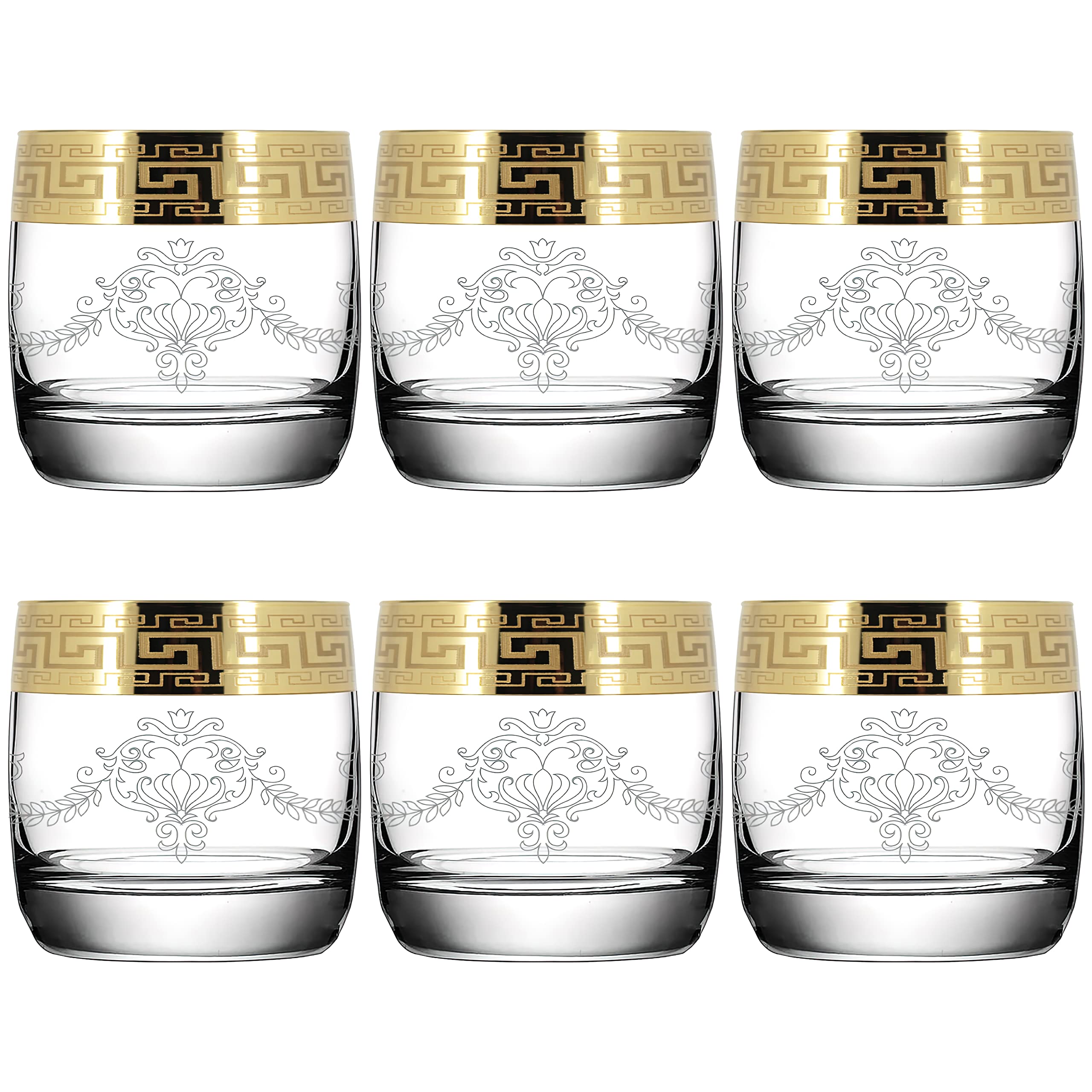 Whiskey Glasses Set of 6 with Gold Rim for Men or Women, Dad, Granddad Gift Set - Round Bottom Modern Design - 250ml (Baroque Style FBA)