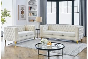 KINFFICT Velvet Living Room Sofa Set of 2, Comfy Loveseat and 3 Seater Couch, Modern Sofa with Tufted Back and Rivet Decoration, Upholstered Long Couch with Solid Golden Metal Tapered Legs, Beige