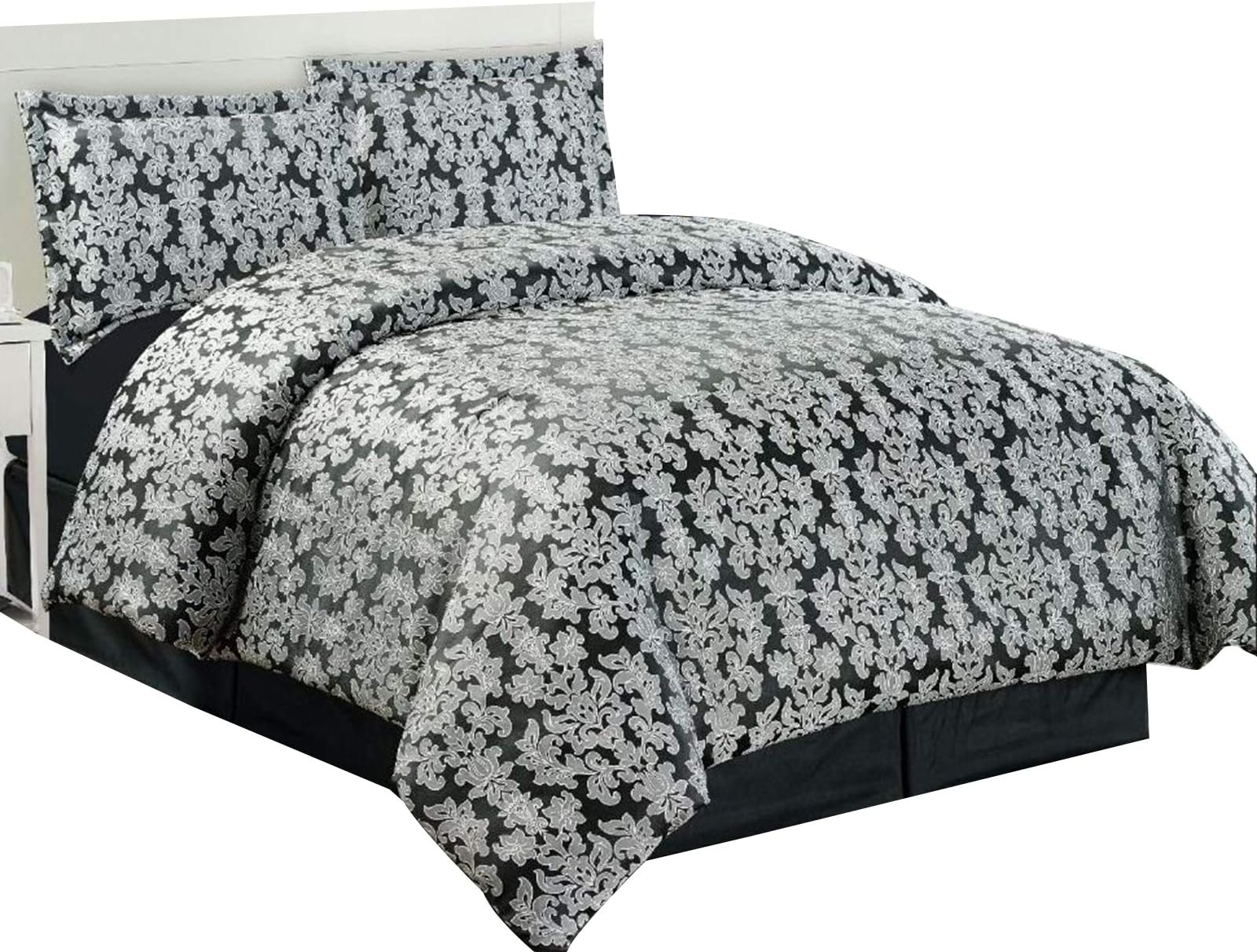 Massari Collection Modern Jacquard 4 Pieces Complete Bedding Set Includes King & Double 1 x Duvet Cover, 1 x Valance Sheet & 2 x Pillow Cases (King, Black)