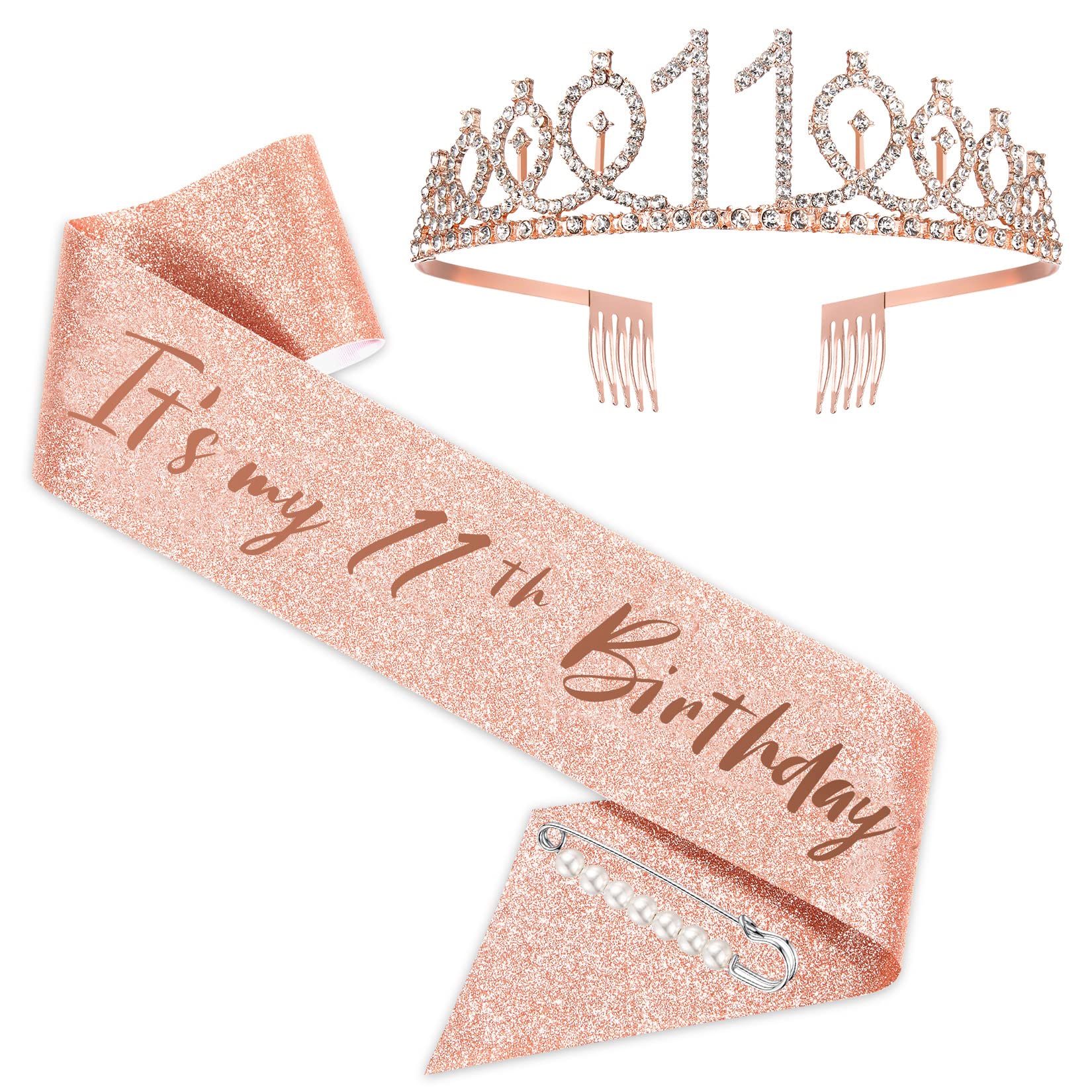 11th Birthday Sash and Tiara for Girls, Rose Gold Its my 11th Birthday Sash and Crown, 11th Birthday Gifts for Happy 11th Birthday Party Favor Supplies