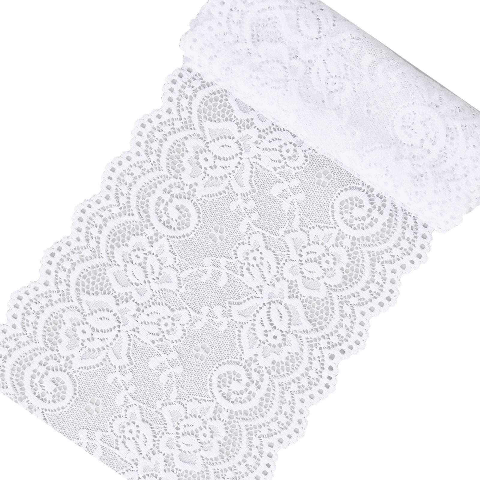 Joyan White Lace Ribbon, Vintage Floral Pattern, 6" x 38.6", Wedding, Special Occasion, Polyester/Spandex Blend, Spandex