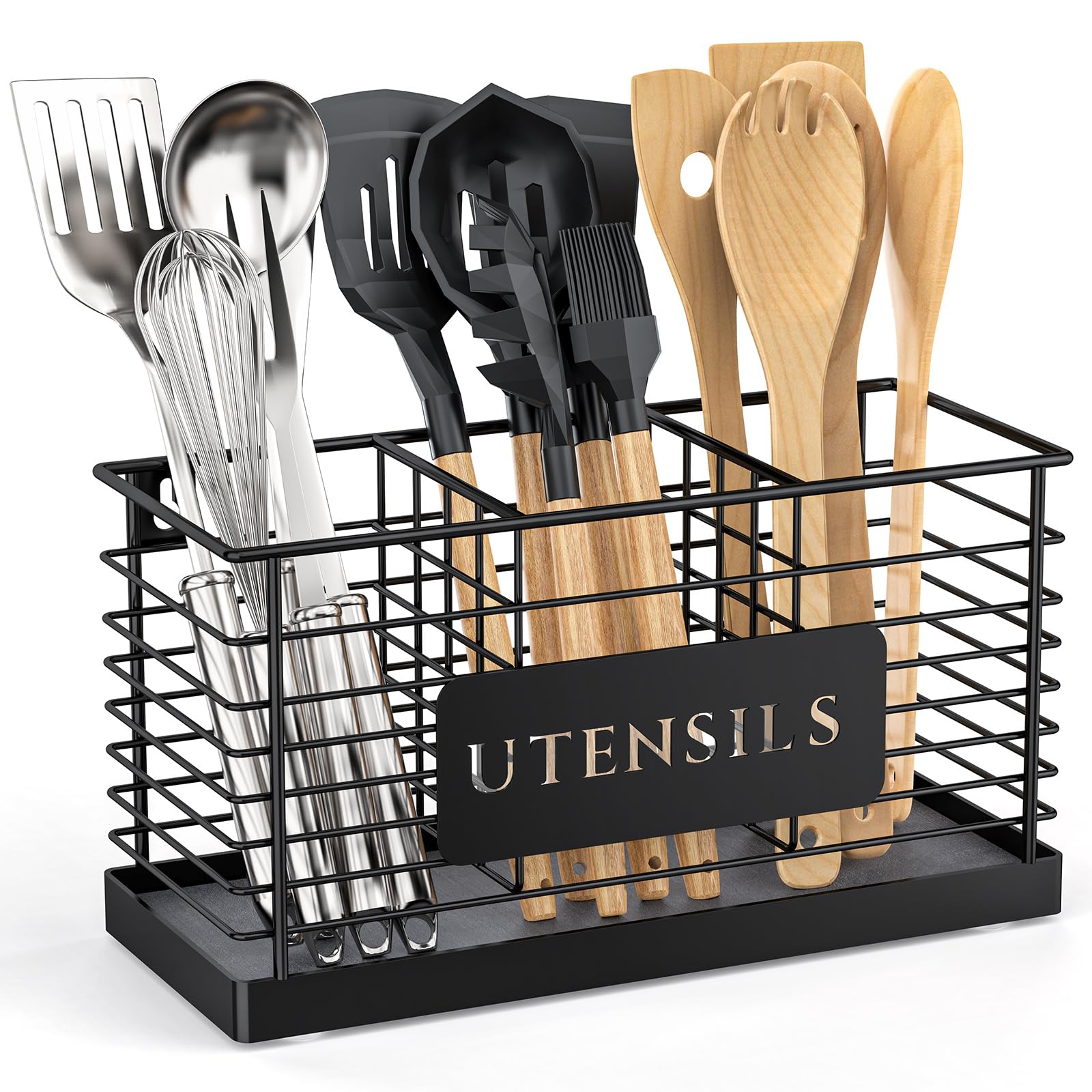 THYGIFTREE Utensil Holder for Kitchen Counter Large Black Metal Cooking Utensil Organizer 3 Compartments for Countertop Kitchen Tool Spatula Holder Wood Base