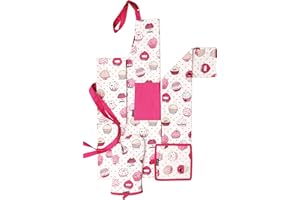 AMOUR INFINI 5 Piece Set of Apron,2 Kitchen Towel,Oven Mitt and Pot Holder in a Valentine Cup Cakes Design |Cotton Thanksgiving Christmas Gift Set|Event Outdoor BBQ Baking Grilling Party Kitchen Decor
