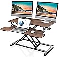 FITUEYES Height Adjustable Standing Desk 32” Wide Sit to Stand Converter Stand Up Desk Tabletop Workstation for Laptops Dual Monitor Riser Brown SD308002WE