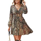 CUPSHE Women's Paisley Printed Fall Mini Dress V Neck Long Sleeve Smocked Waist Flowy Ruffled Vacation Dresses
