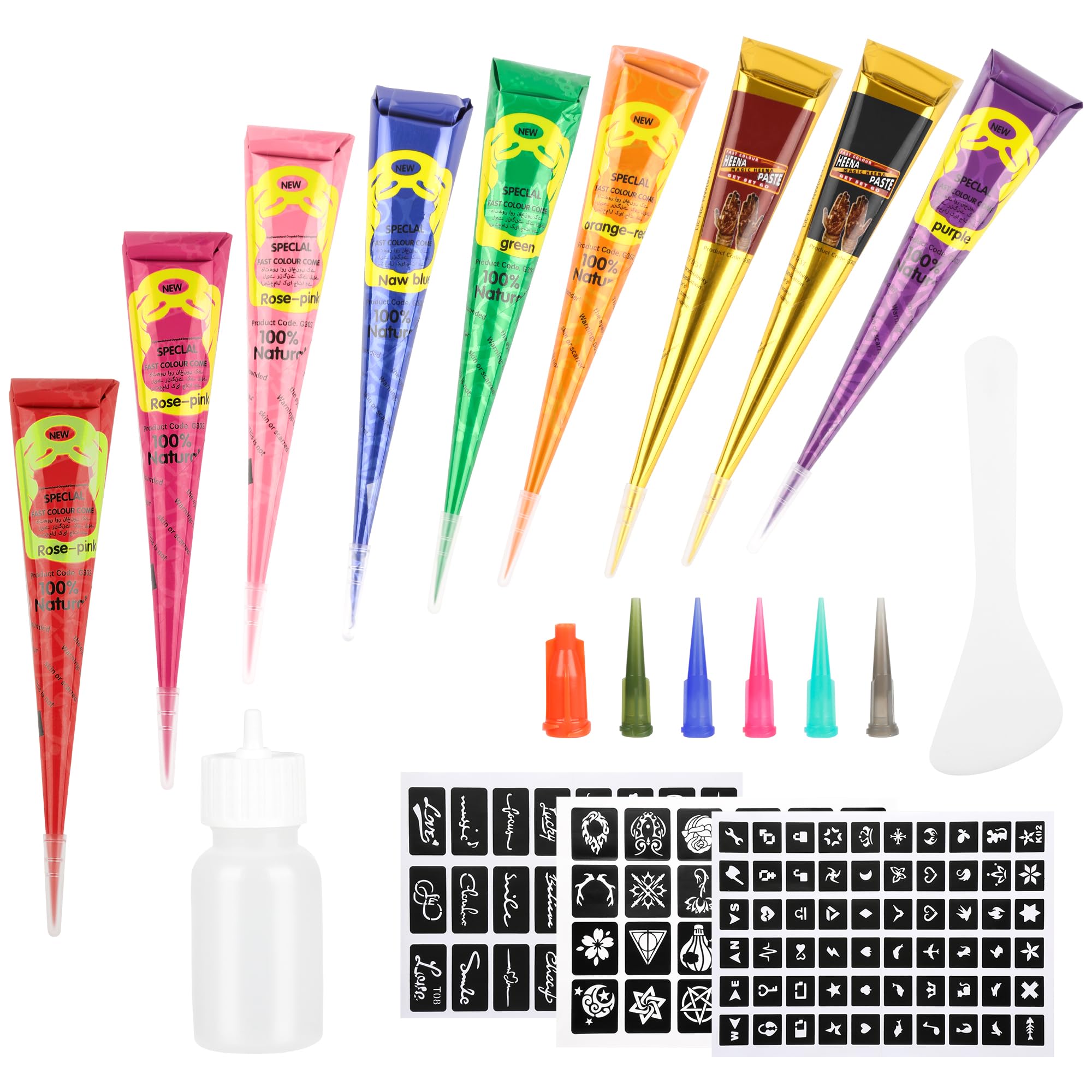 YUXUAN Temporary Tattoo Kit, 9 Colors Temporary Tattoos Paste Cone, 108 Pieces Stencil Pattern Set, 1 Applicator Bottle and 5 Plastic Nozzles, Tattoo Drawing Kit for Halloween, Christmas, Party.