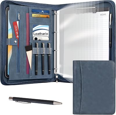 Leathario A4 Portfolio Folder 4-Ring Binder Notepad 10 Protectors Vegan Leather