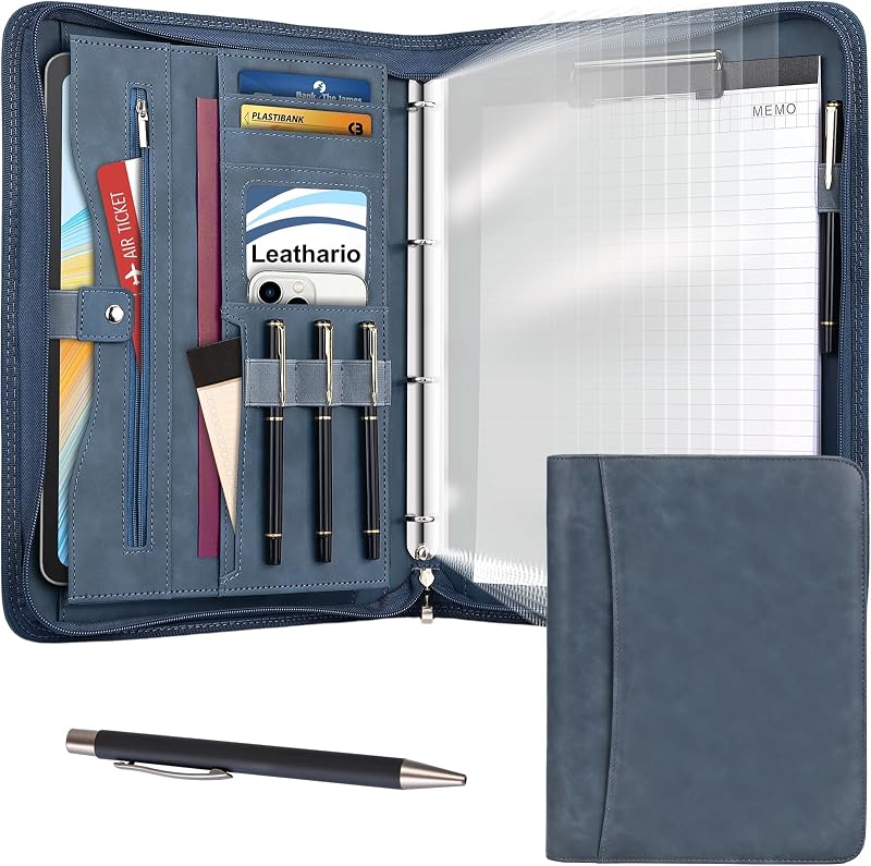 Leathario A4 Portfolio Folder 4-Ring Binder Notepad 10 Protectors Vegan Leather