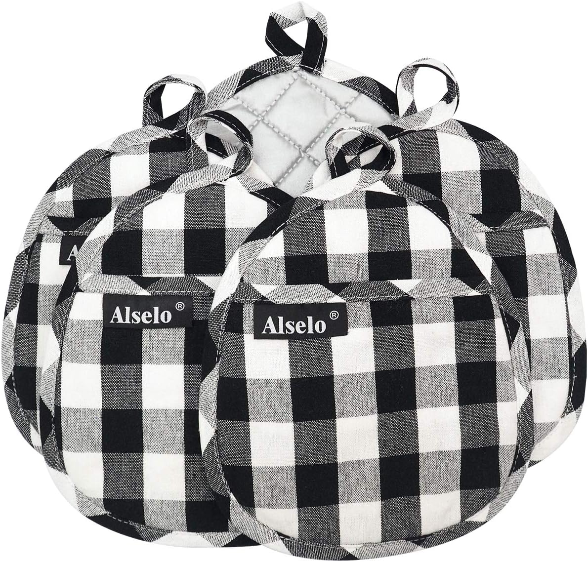 Alselo Pot Holder Set of 5 Heat Resistant Potholder, Professional Baking Food Safe Hot Pat Cotton with Silver-Plated for Kitchen Cooking Barbecue (Black/White, 5): Kitchen & Dining