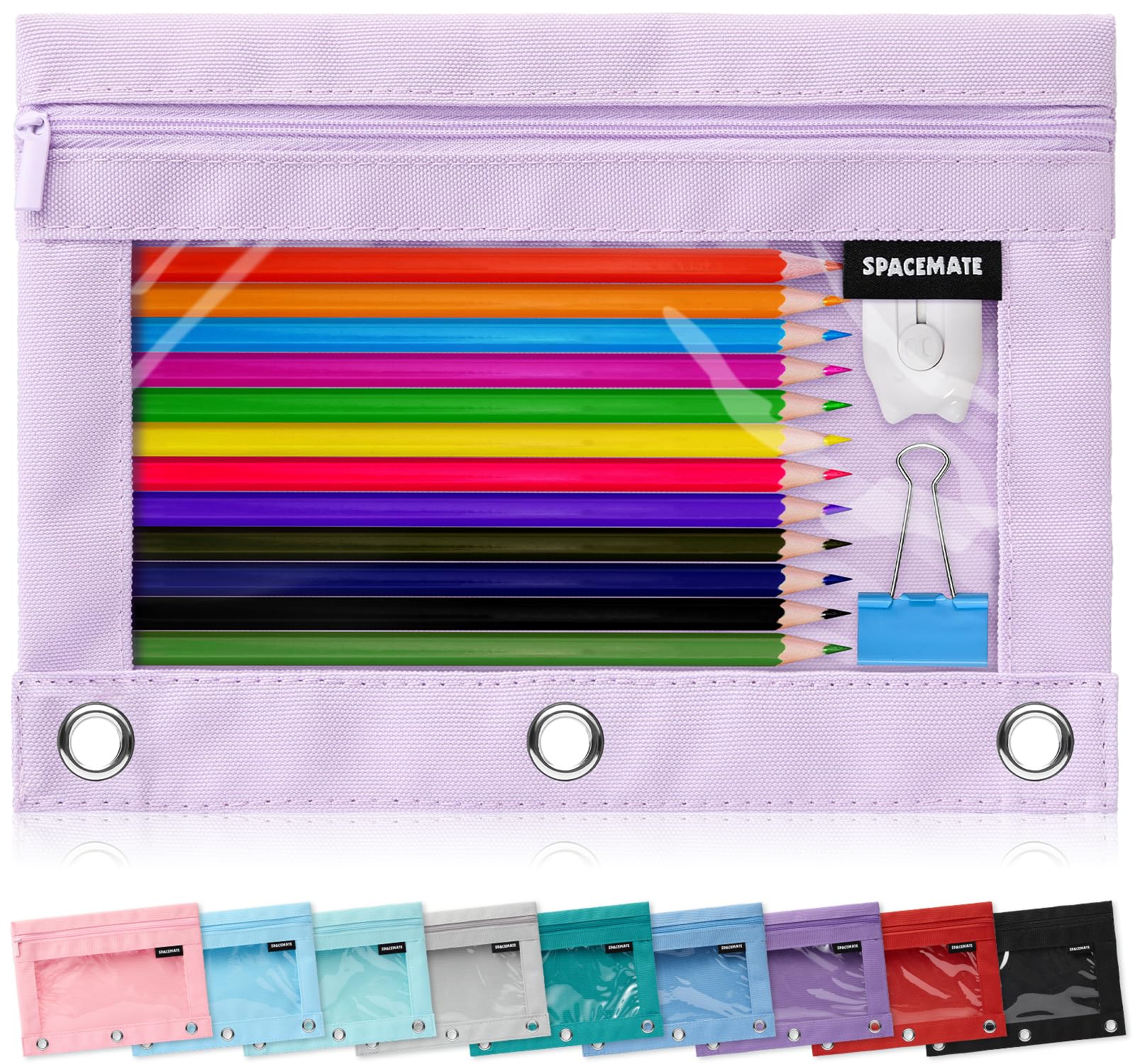 Photo 1 of SPACEMATE Binder Pencil Pouch Case Box Bag for 3 Ring Binder School Supplies Girls Boys Kids, Clear Preppy Stuff Large Aesthetic Pen Organizer, Back to College Stationary, 1 Pack, Light Purple