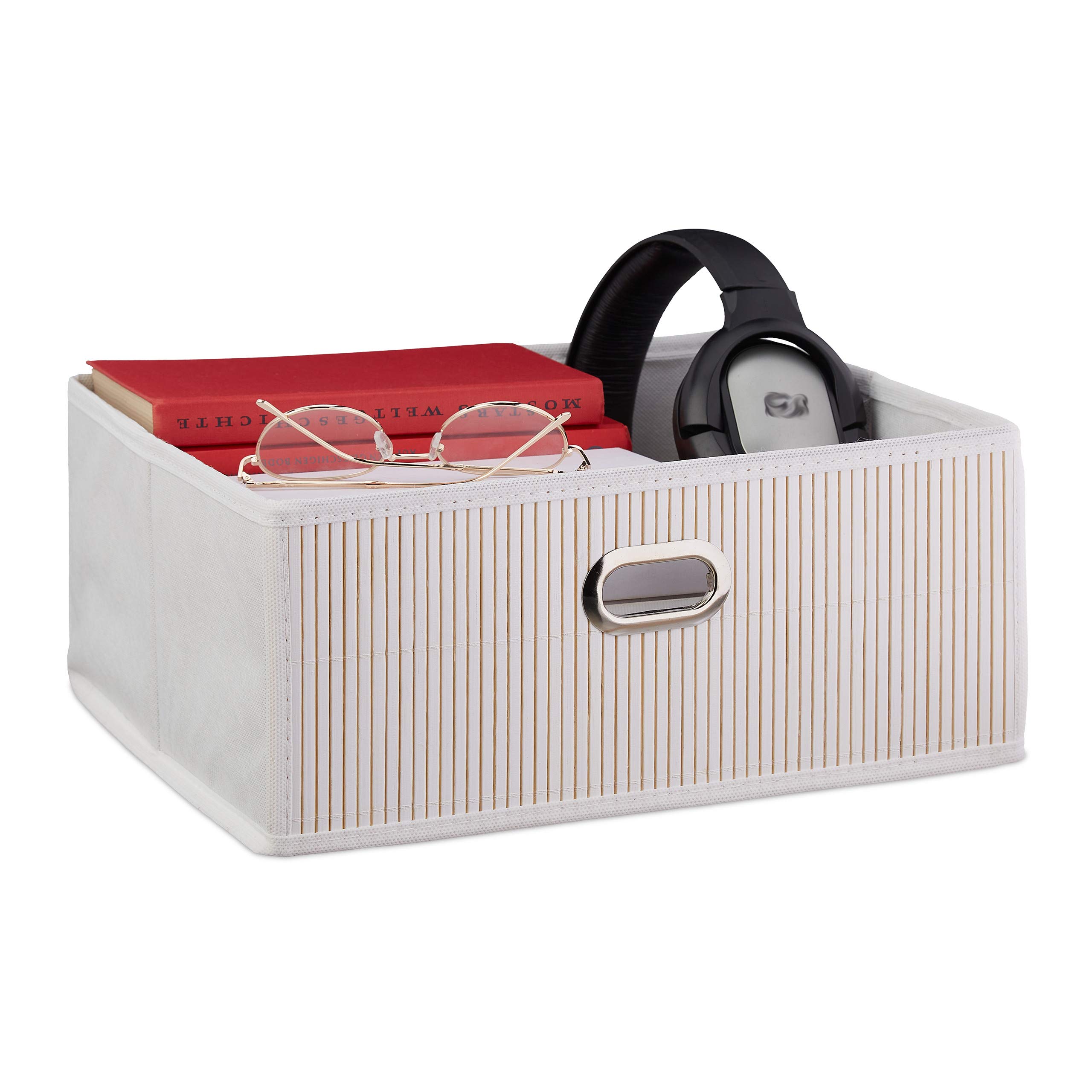 Relaxdays Bamboo Storage Basket, Bathroom & Bedroom Organiser, Square, Low Box, HxWxD 14 x 31 x 31 cm, Folding, White
