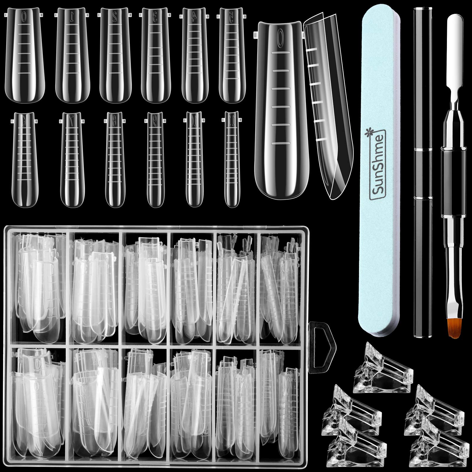 Sumind 120pcs Nail Dual Forms Gel Extension Set 12 Sizes Engraved with Numbers with Nail Clips, Gel Brush Pen 600/3000 Grit Buffer, Clear for DIY Nails Extension Salon Home