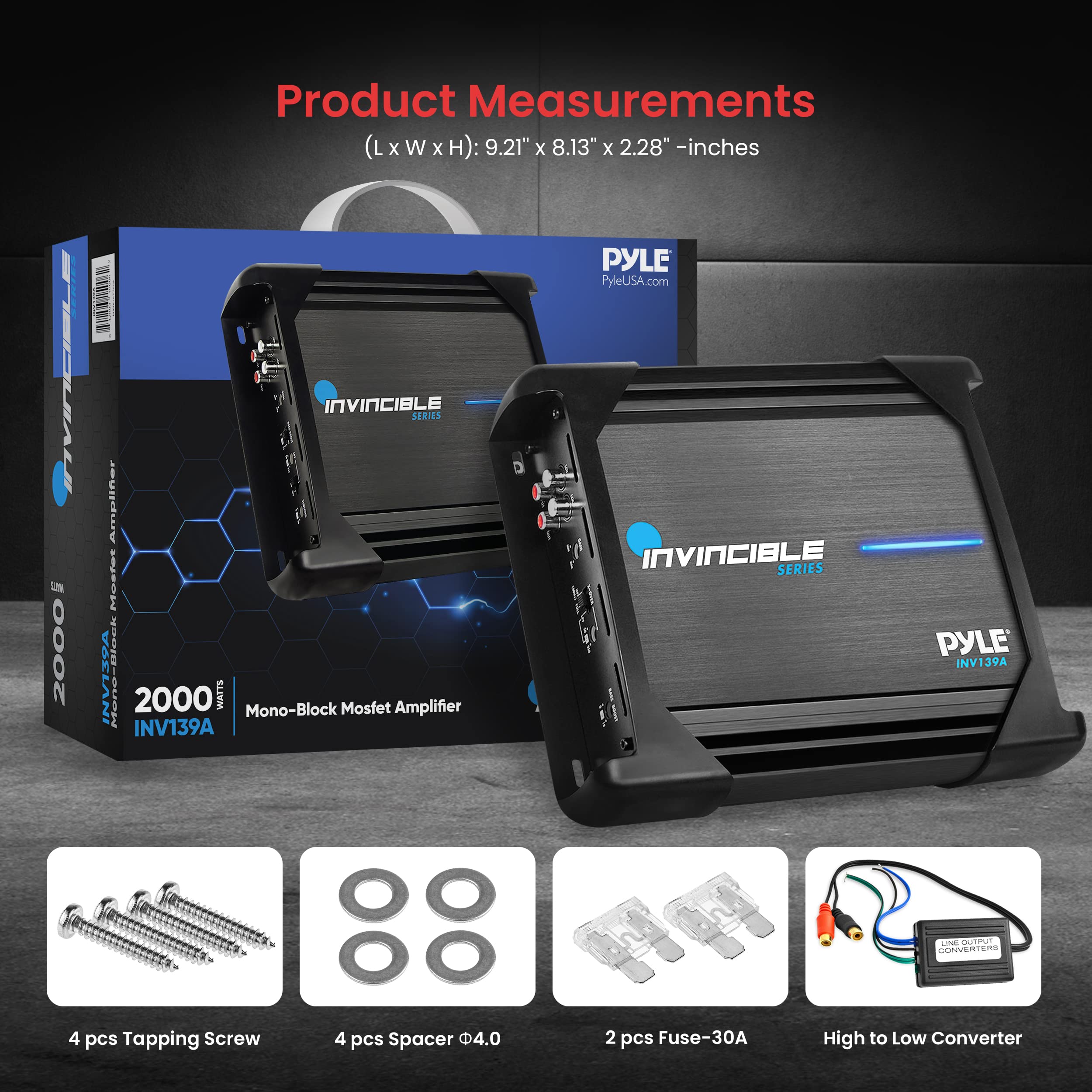 Pyle 9” Class AB Mosfet Amplifier - Invincible Series Monoblock Amp, 1 Channel 2000 Watts Max, Mosfet PWM Power Supply, High-Current Dual Discrete Drive Stages, Advanced Protection Circuitry