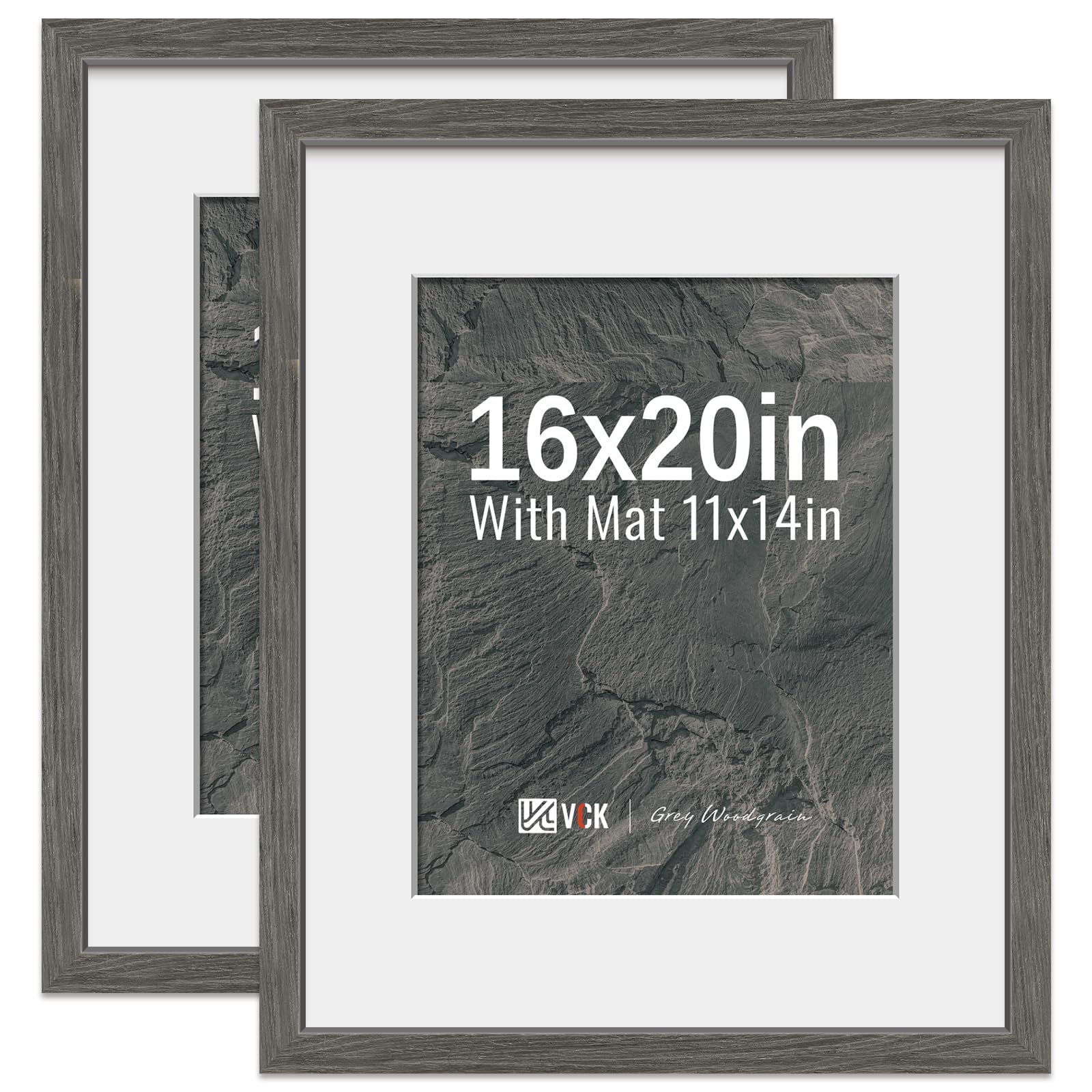 VCK 16x20 Picture Frame 2 Pack - Grey, High-End Wood Poster Frames with Tempered Glass, Display 11x14 Photo with Mat or 16x20 without Mat, Art Gallery-Quality, Wall Hanging, Grey