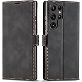 QLTYPRI Case for Samsung Galaxy S24 Ultra, Premium PU Leather Cover TPU Bumper with Card Holder Kickstand Hidden Magnetic Adsorption Shockproof Flip Wallet Case for Samsung Galaxy S24 Ultra - Black