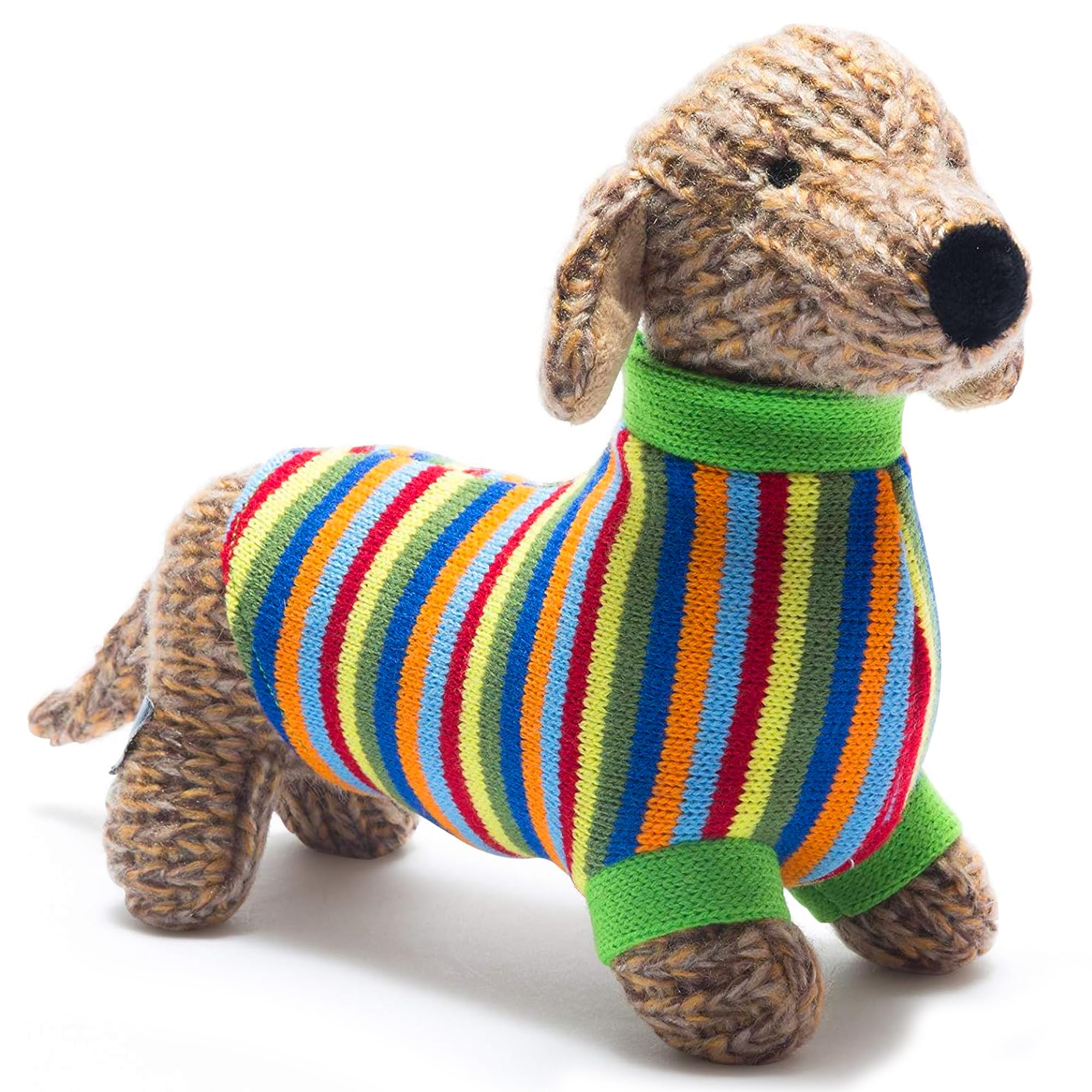 Best Years | Knitted Sausage Dog Soft Toy with Multi Striped Jumper for Children & Dachshund Lovers | Baby Safe from Birth | Machine Washable | 30cm Long | Ethically Sourced