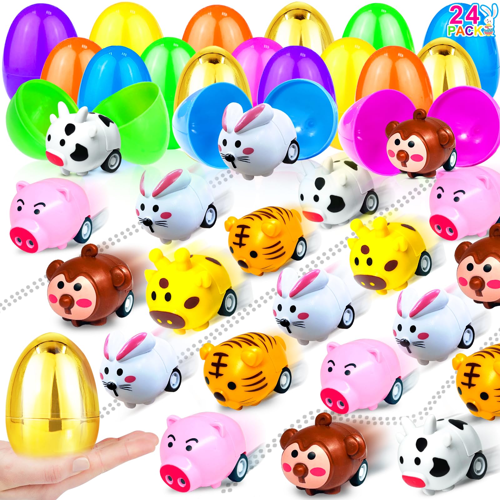 [1 Golden Egg] 24 Pack Prefilled Easter Eggs with Toys Inside,Easter Basket Stuffers Animals Bunny Pull Back Cars Easter Eggs for Kids Boys Girls Toddlers Fillers Surprise Eggs Hunt Party Favor Gifts