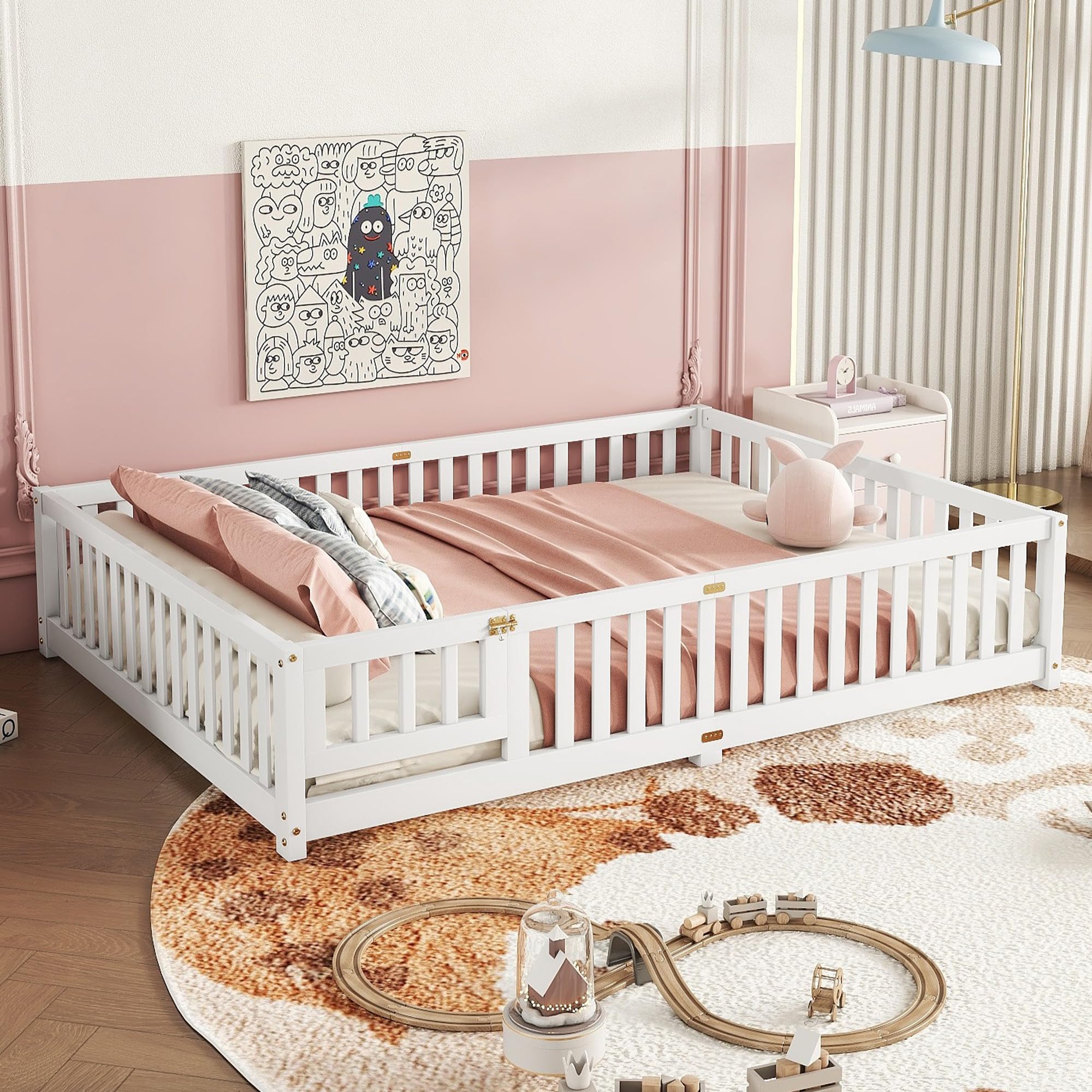 Bellemave Queen Floor Bed with Slats and Door, Queen Size Montessori Floor Bed with Fence and Door, Easy Assemble Montessori Beds Frame for Girls, Boys, White