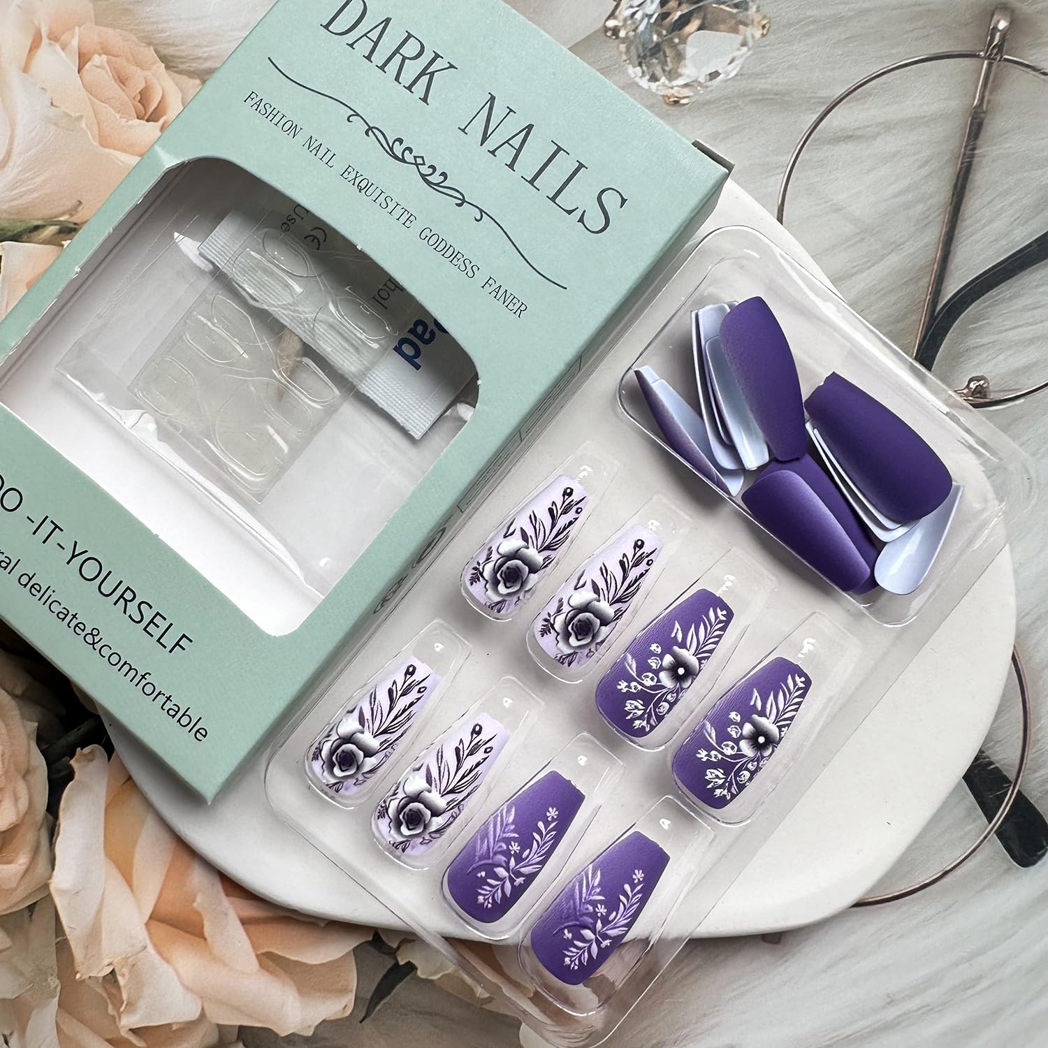 Medium Press on Nails Coffin Fake Nails Purple Acrylic Nails Medium Coffin Embossed Flowers Nails Press ons with Design Winter Press on Nails Matte Stick on Nails for Women Manicure Decorations 24 pcs - Image 3