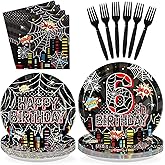 96Pcs Spider 6th Birthday Party Decorations Black Spider 6th Birthday Plates and Napkins Cartoon Super Theme Hero Paper Tableware Set for Boys Kids 6 Year Old Birthday Party Supplies Serves 24