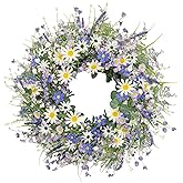22 Inches Spring Wreaths for Front Door Blue Spring Door Wreath Summer Floral Wreath with Wildflower Lanvender for Wall Porch Indoors Outdoor Window Home Decorations