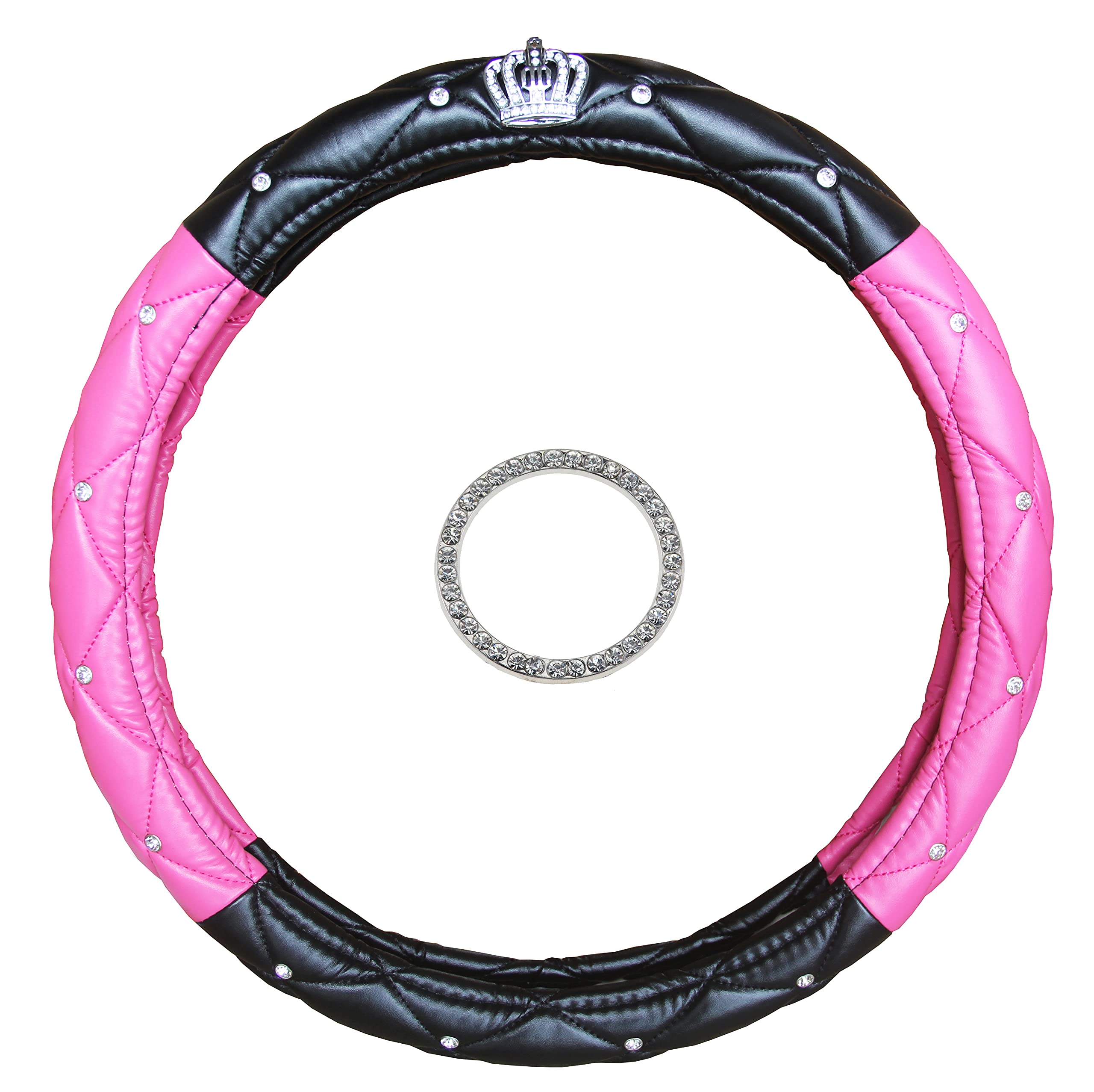 NewL Bling Bling Car Steering Wheel Cover with Crown for Girls & Women - Cute and Pink, natural Latex Non-toxic and odorless Safe Driving (Black & Pink Diamond)
