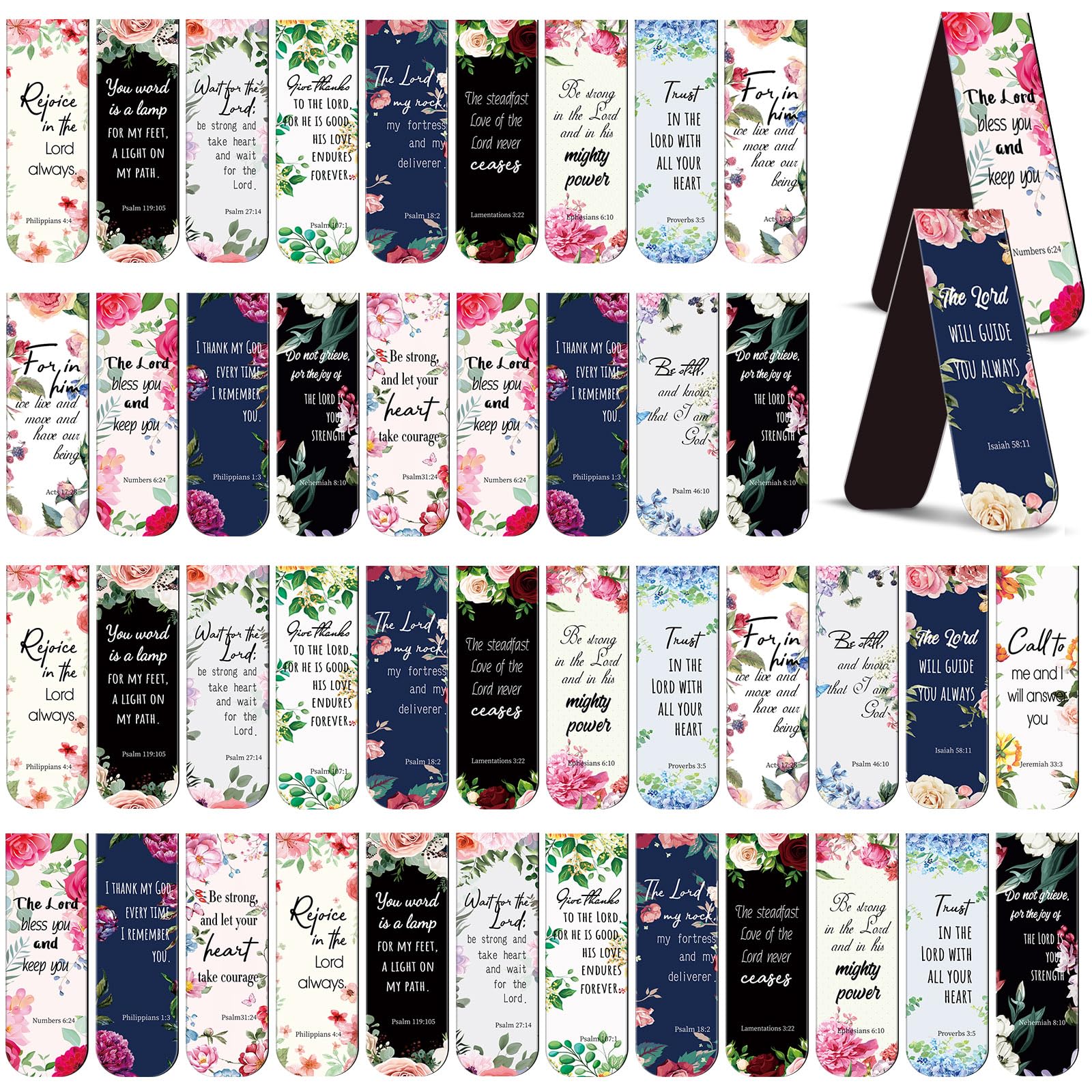 Zonon 48 Pcs Bible Verse Magnetic Christian Bookmarks, 0.8x4.7in Inspirational Scripture Book Markers for Women Men Religious Motivational Flower Page Clips Book Lovers Reading Gifts(Elegant Style)