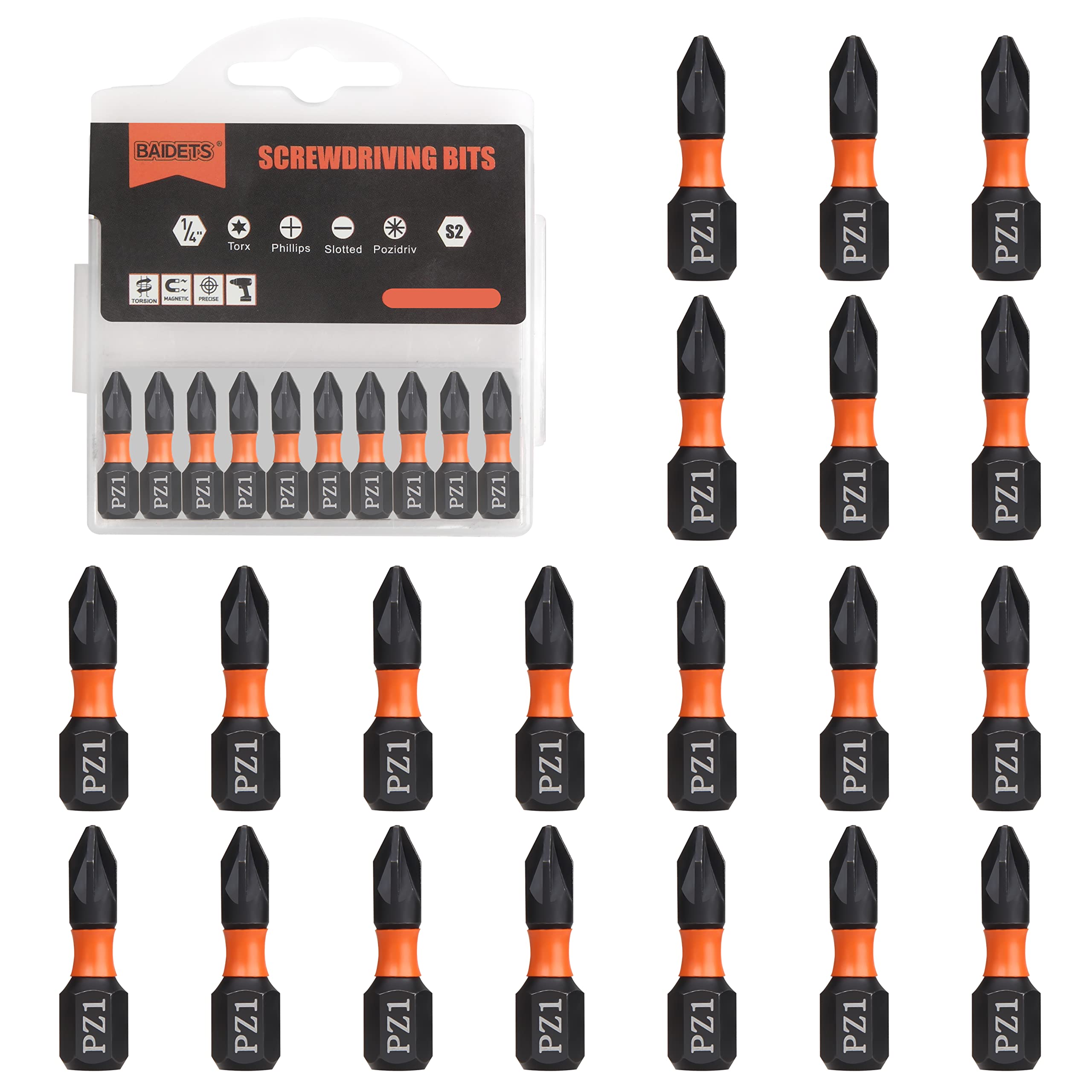 BAIDETS Pro PZ1 Bit Assortment - Screwdriver Bits Set 20Pcs, 25mm Length, Pozi Screwdriver Bit, 1/4 Inch Hex Shank, with Storage Box