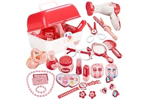 TEUVO Pretend Makeup Set Role Play for Girls, Princess Dress Up Kids Hairdressing Cosmetics Kit Vanity Set for Toddler Role Play, Girl Toys Gift for Kids Aged 3 Years Old 28Pcs
