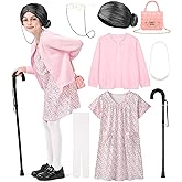 FancyFun 8 Pcs 100 Days of School Costume for Girls, Old Lady Costume for Kids Grandma Wig Dress Granny Nightgown Accessories