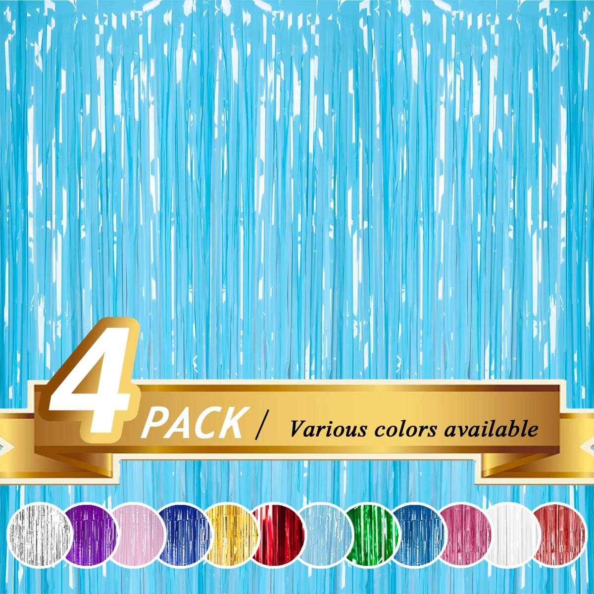 BTSD-home Macaron Blue Foil Fringe Curtains, Metallic Photo Booth Tinsel Backdrop Door Curtain for Wedding Birthday Baby Shower Bachelorette Christmas Party Decorations(4 Pack, 12ft x8ft)