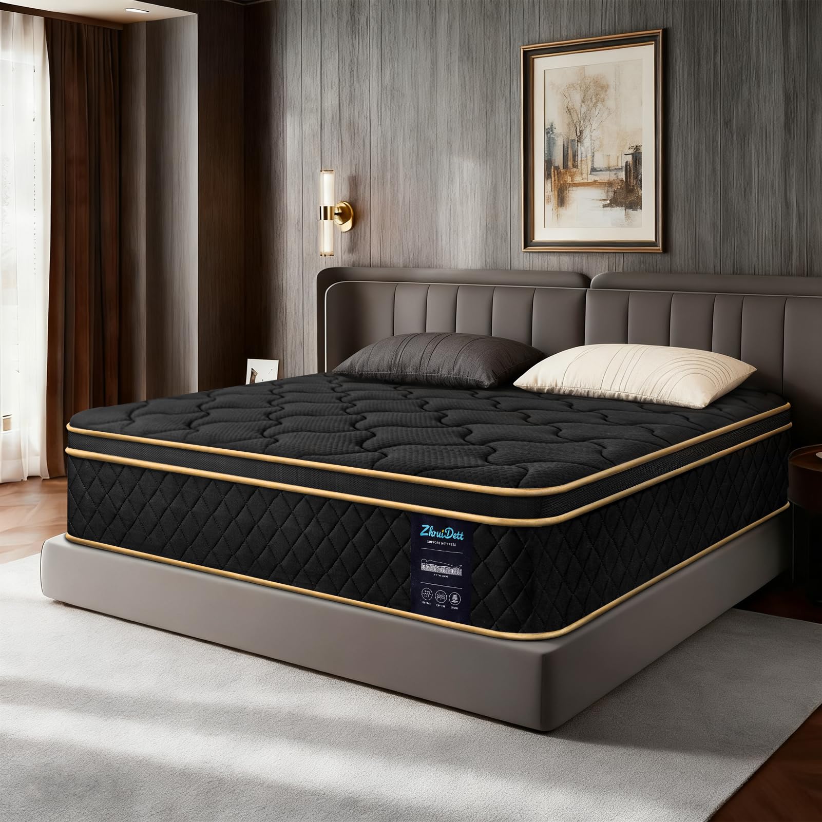Photo 1 of Queen Mattress 12 Inch Queen Size Medium Firm Hybrid Mattress Memory Foam Pocket Steel Springs Matress in a Box for All Sleep Positions Motion Isolation Ensure Comfortable Sleep (Black, Queen 12 INCH)