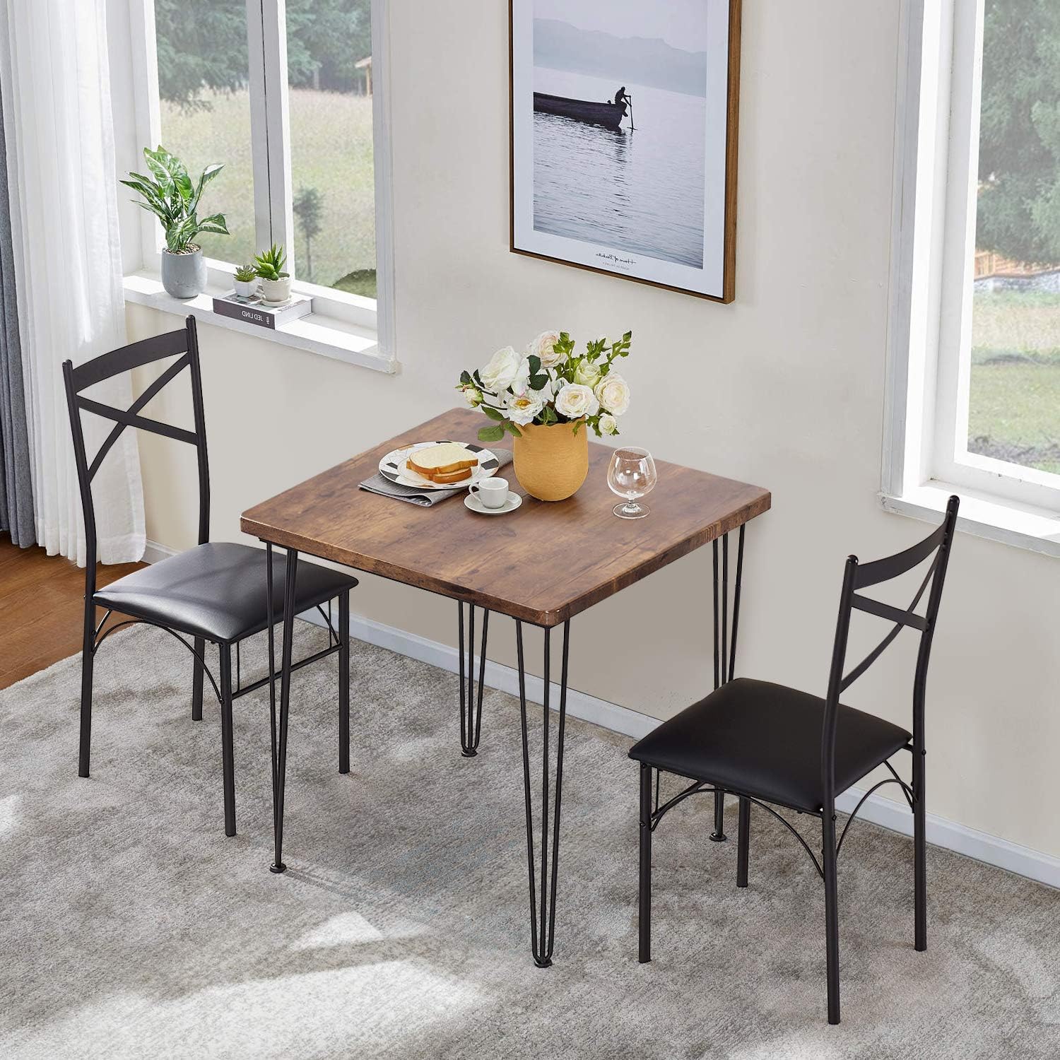 VECELO Dining Set Industrial Style 3 Pieces Kitchen Wood Table 2 Chairs with Metal Legs，Retro Brown and Black - Table & Chair Sets