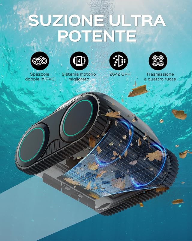 C1 Robot Piscina 160min Batteria,160m² Fondo Mura Linea Acqua