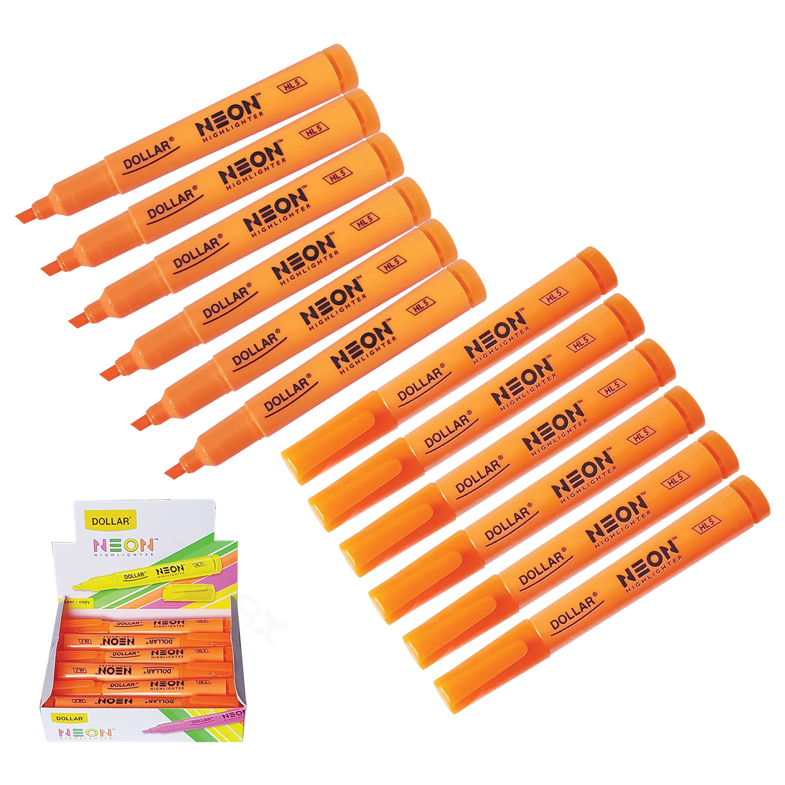 DOLLAR Neon HL5 Highlighter Pens, ORANGE, Pack of 12, Chisel Tip (5.0mm), Multipack, Fast-drying, Fluorescent Colour, Perfect for School Office Home Highlighters