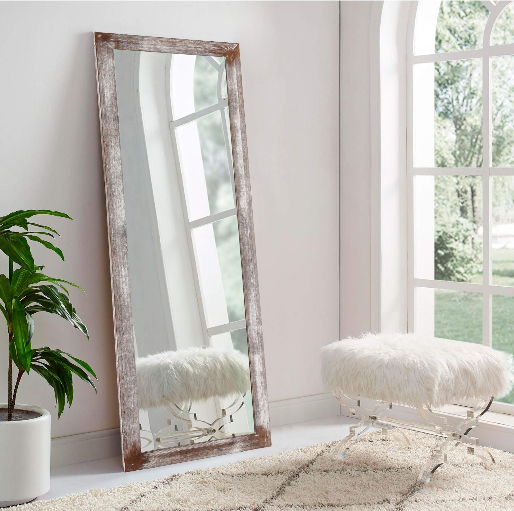 KIAYACI Full Length Floor Mirror Long Wood Decor Wall Mounted Mirror Dressing Mirror Make Up Mirror Bathroom/Bedroom/Living Room/Dining Room/Entry/Farmhouse (Off-White, 65" x 22")