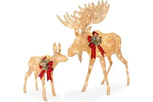Best Choice Products 2-Piece Moose Family, Lighted Outdoor All-Weather Christmas Yard Decoration Light-Up Décor Set w/ 170 LED Lights, Ground Stakes, Zip Ties - Gold