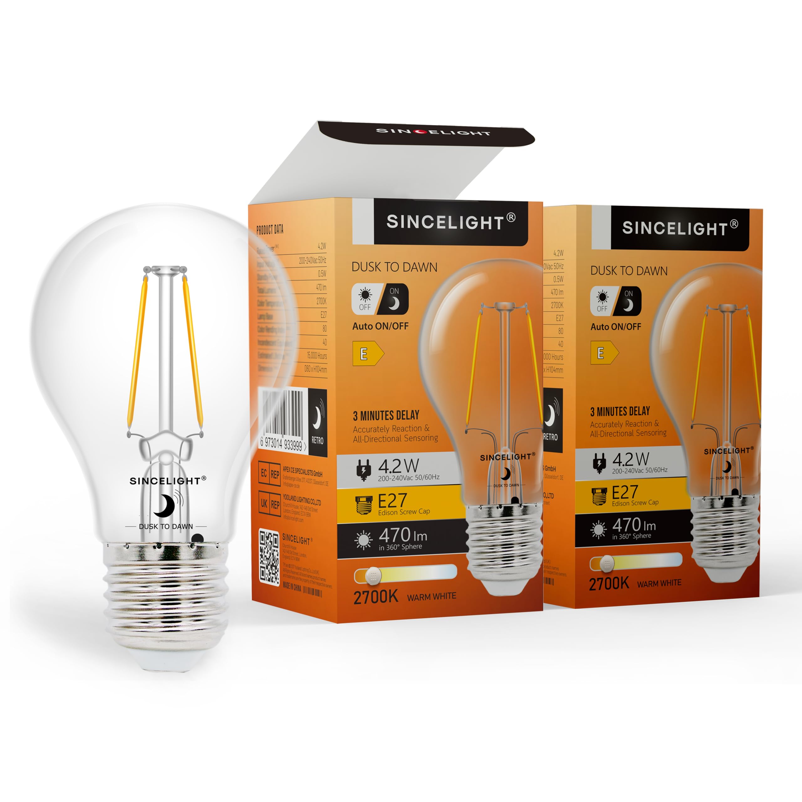 SINCELIGHT Dusk to Dawn LED Light Bulb 4.2W, Retro Vintage Type ON/Off Automatic Depends on The Daylight Level, Outdoor Night Light from Dusk Till Dawn, Security Bulbs, Warm White 2700K, 2 Pack