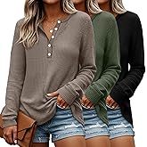 Velvelhall 3 Pack Women's Oversized Waffle Knit Shirts Long Sleeve Henley V Neck Tops Button up Loose Casual Pullover Sweater